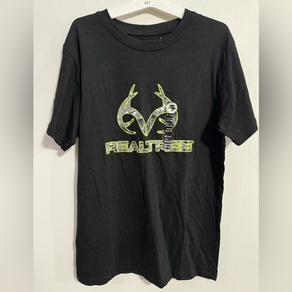 Realtree Mens T-Shirt Camo Antler Design Black Short Sleeve NWT Size M, L, XL